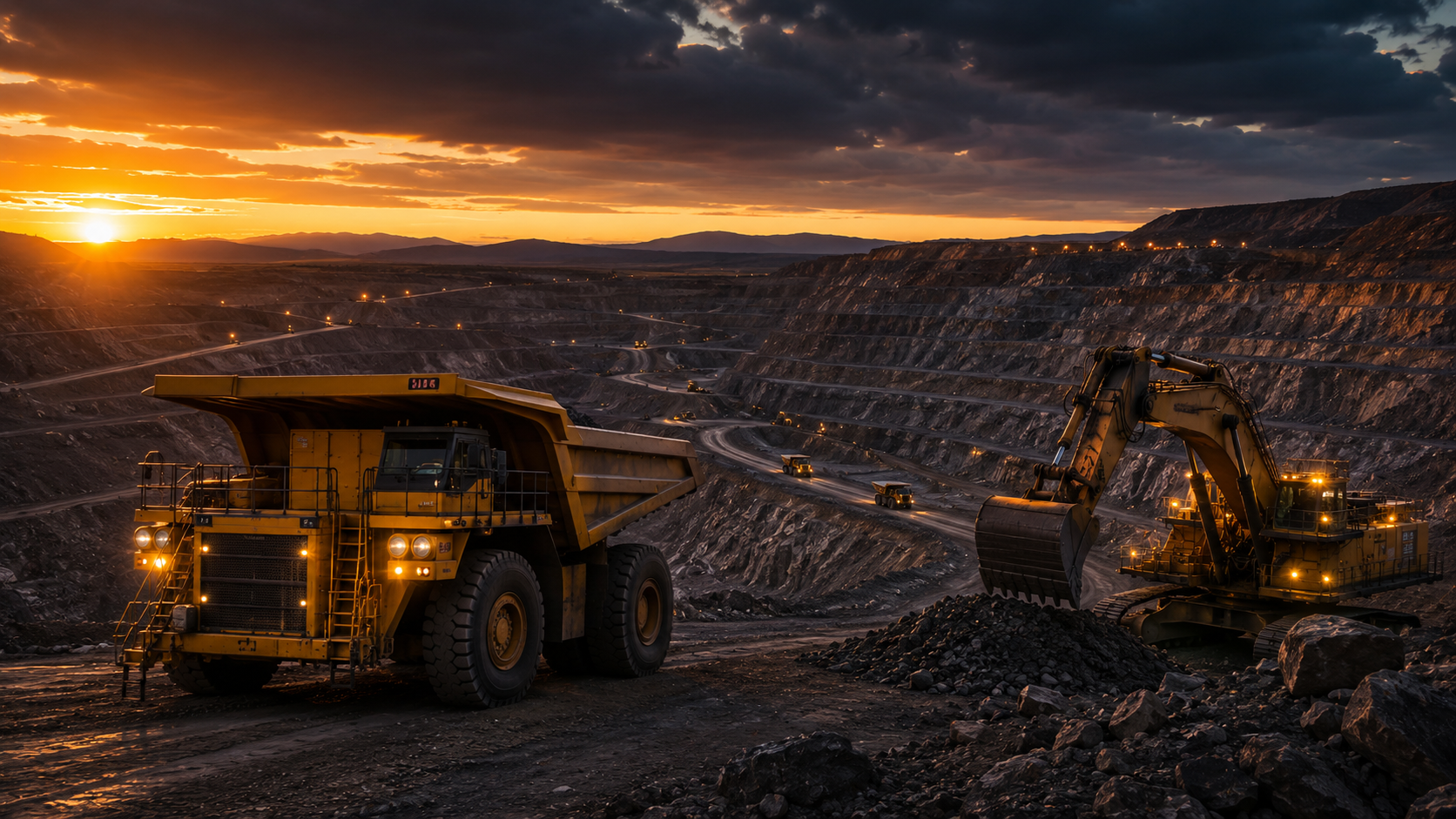 Large-scale open-pit mining operation at dusk