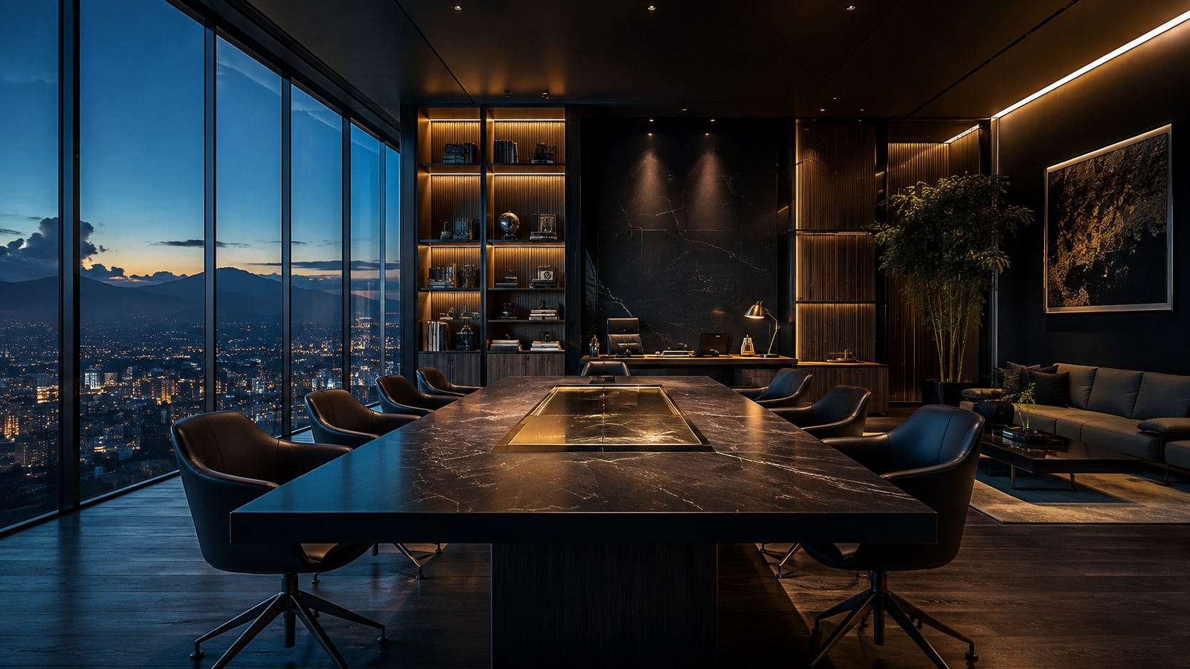 Executive boardroom overlooking a city skyline at dusk