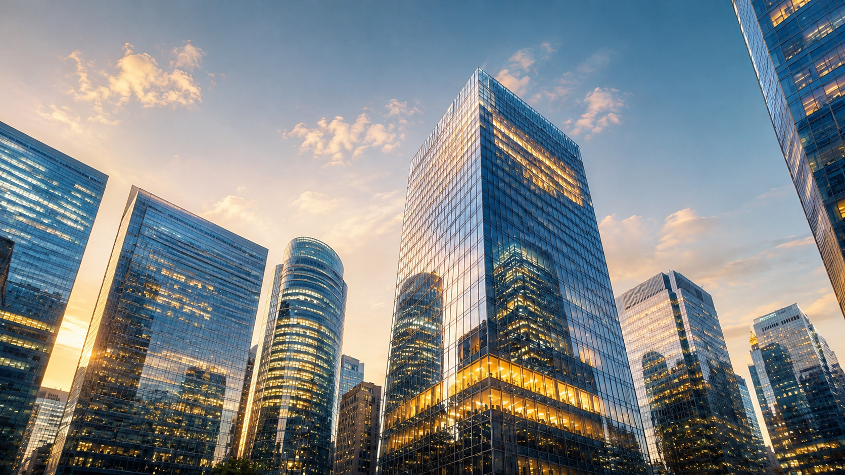 Glass office towers at sunrise